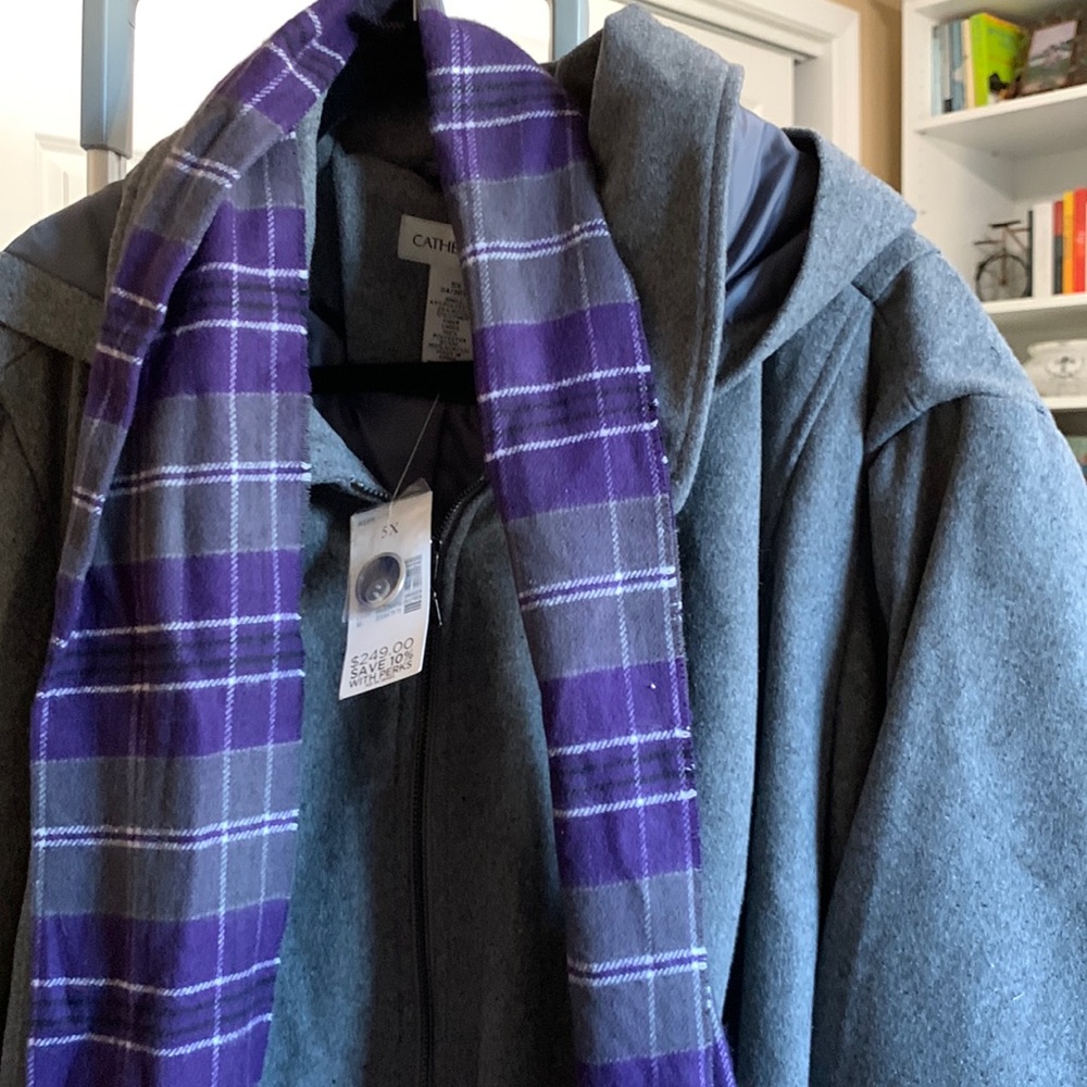 New hooded car coat with matching plaid scarf.  Beautiful. Never worn. Tags.